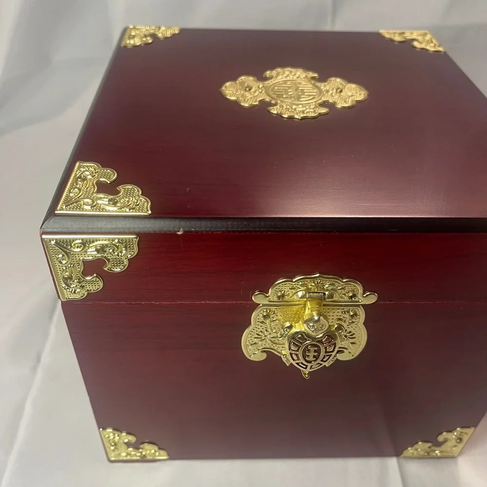 Korean Wooden Jewelry Box Mahogany Finish Gold Brass Hardware Calligraphy Lining